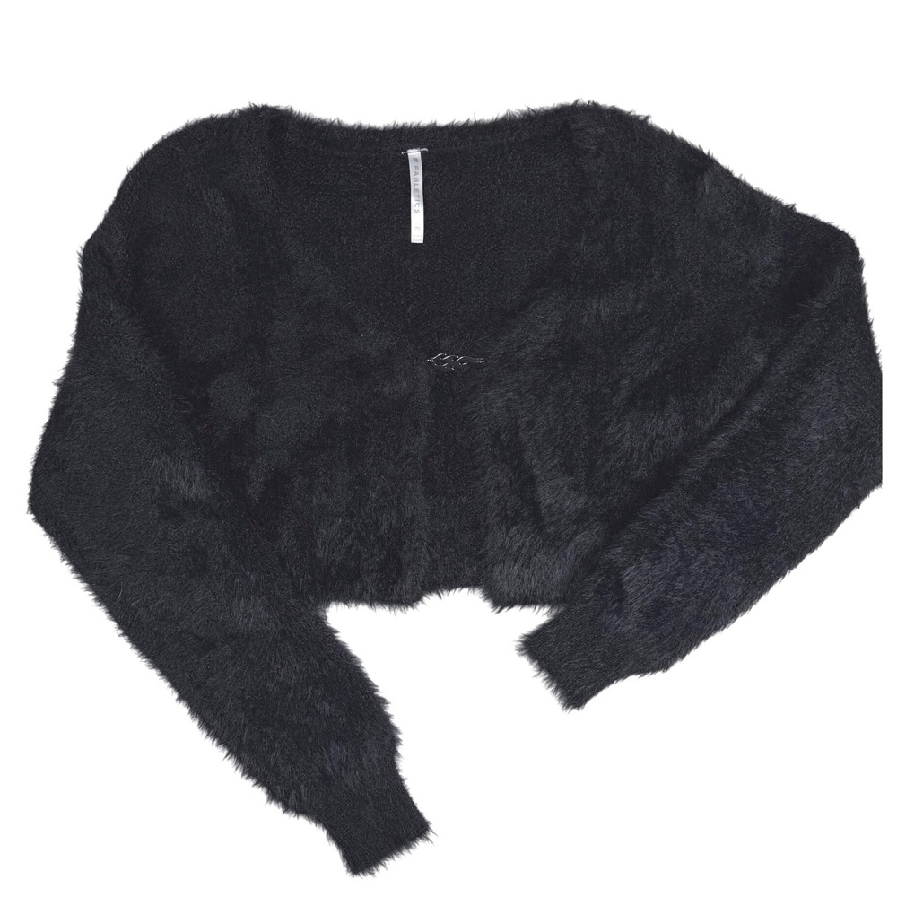 Fabletics Black Fuzzy Eyelash Knit Cropped Cardigan Flame Clasp Rocker Sweater M